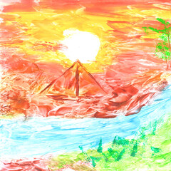 Vivid landscape, mountain, river, nature. Art, painting. Encaustic, art decoration, sketch. Illustration hand drawn modern, hot wax new