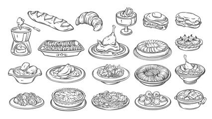 Obraz na płótnie Canvas French cuisine line icons set. Outline hand drawn restaurant plates with vegetable and meat stew, bread and salad, sweet tart. French food mascots, gourmet recipes collection icons vector illustration