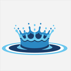 Graphic illustration of a blue crown made of water splashes on a white background with circular ripples.