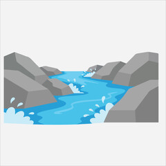 Illustration of a serene river flowing through gray rocky cliffs with white water splashes on a clean white background.