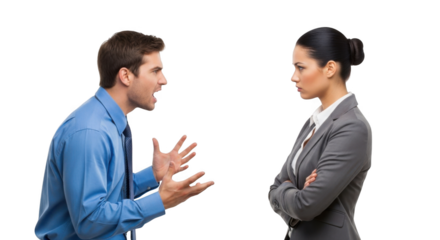 Man yelling at woman with arms outstretched, isolated on transparent background