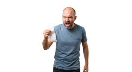 Bald man with beard yelling and holding a crumpled piece of paper, isolated on transparent background