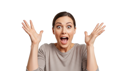 Woman with wide eyes and open mouth looking surprised isolated on transparent background