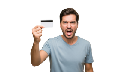 Man yelling and holding up a credit card, isolated on transparent background