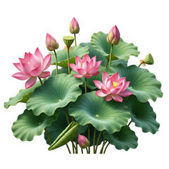 Pink lotus flowers and leaves isolated on transparent background