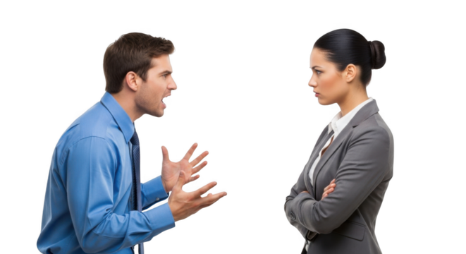 Man yelling at woman with arms outstretched, isolated on transparent background - Powered by Adobe