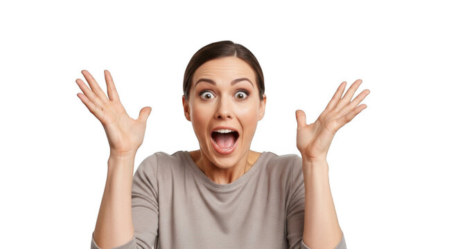Woman with wide eyes and open mouth looking surprised isolated on transparent background