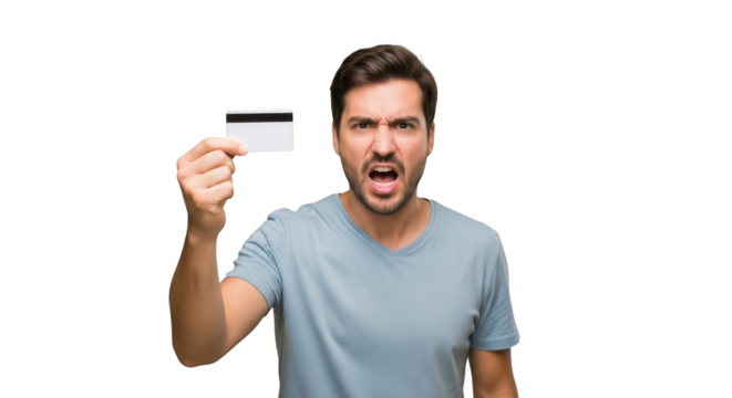 Man yelling and holding up a credit card, isolated on transparent background