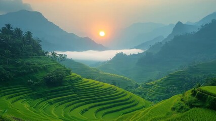 Serene Sunrise Over Lush Green Terraced Fields
