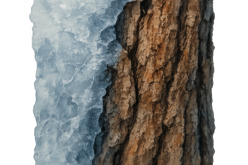 Tree trunk with rough bark partly covered in thick blue ice layer, winter nature element, transparent background