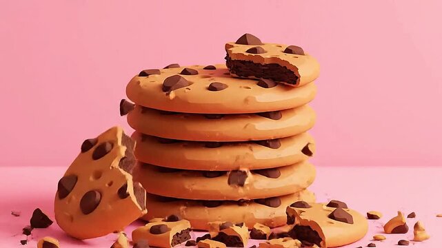A stack of vector chocolate chip cookies, one crumbles in slow motion, flat art.