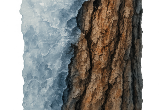Tree trunk with rough bark partly covered in thick blue ice layer, winter nature element, transparent background