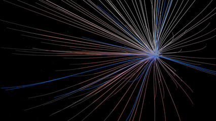 Explosive Light Burst with Radiating Green and Red Streaks on Black Background, 3d rendering