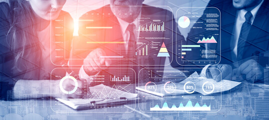 A project management dashboard with business performance analytics. A visualization of project...