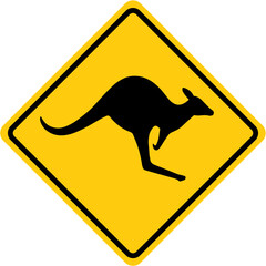 Yellow kangaroo crossing road sign, vector illustration, wildlife safety warning symbol, Australia travel and nature