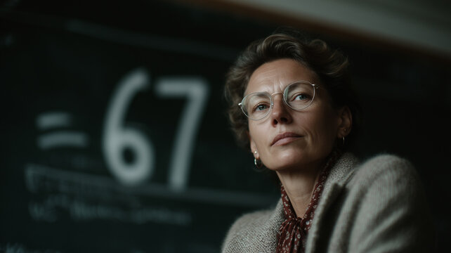 Teacher standing in front of classroom chalkboard with large number 6 7 written on it. Six Seven teens meme trend.