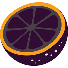 Stylized dark purple orange slice with bright orange peel and small white dots on a transparent background vibrant citrus fruit illustration