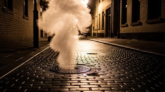 Moody city street scene at night with steam rising from a manhole cover, creating a mysterious and atmospheric urban landscape evoking feelings of suspense and intrigue, perfect for crime thriller