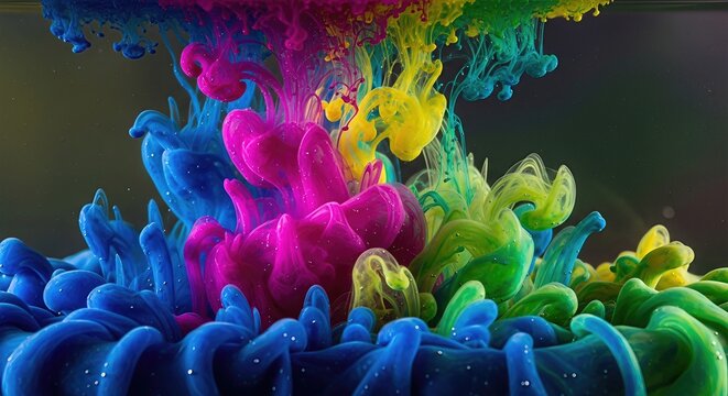 Brilliant, polychromatic liquids expanding rapidly within a mysterious aquatic environment, revealing a captivating cosmic dance of diffusing and coalescing colors.