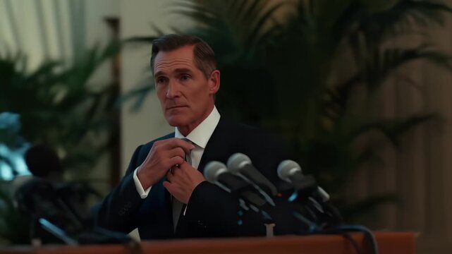 This engaging video captures a high-stakes press conference. A well-dressed speaker adjusts his tie before addressing the audience, setting the tone for an important announcement filled with anticipat