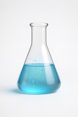 Clear glass erlenmeyer flask filled with vibrant blue liquid and bubbles
