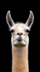 Obraz premium A black llama displays a humorous smile, standing confidently with a distinct personality on a dark background