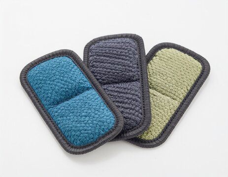 Knitted multi colored rectangular fabric pads with dark trim displayed on a plain white background - Powered by Adobe