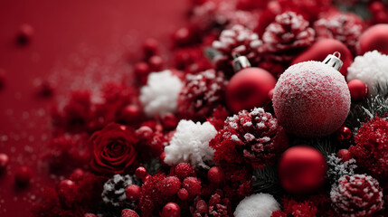 Festive Christmas card with red Xmas decorations, pine cones, and red flowers