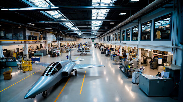 A large modern airplane hangar with a silver fighter jet parked inside - Powered by Adobe