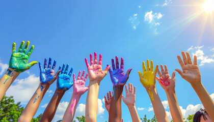 Colorful Hand Fist Symbolizing Human Rights Day with Diverse People in the Background, Representing Unity, Equality, and Social Justice. Copy Space