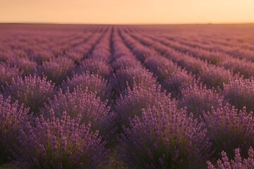 Fototapeta premium The serene beauty of a lavender field at sunset, with rows of purple flowers stretching to the horizon under a warm, glowing sky.