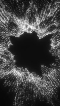 Metallic silver patterns radiating around a dark void, resembling abstract energy or molten metal flow