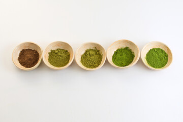 Matcha Ceremony Setup. Ceramic bowls with matcha powder and tools for a traditional tea ceremony