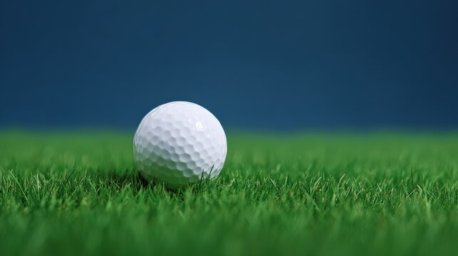 Golf ball resting on vibrant green grass with soft focus background, showcasing natural textures and ample copy space for creative design applications