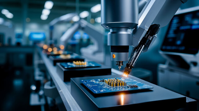 A robotic arm is soldering a circuit board in a factory