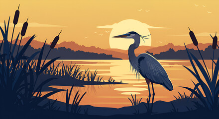 Fototapeta premium Stunning heron standing peacefully by the lake at sunset, a serene and tranquil nature scene perfect for relaxation and mindfulness projects