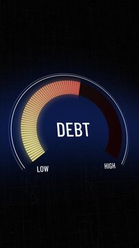 Digital gauge reducing debt liability, indicator moving dramatically from high red danger zone to low yellow safe zone, showing financial burden reduction, economic stability improvement, Copy space