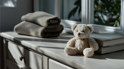 Soft teddy bear sits on wooden dresser next to folded towels, plaid and kid books with morning sunlight streams through a window