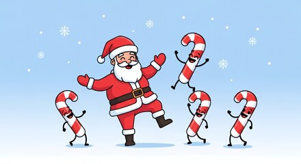 Santa Claus dances with Candy Canes in Blue Winter Setting