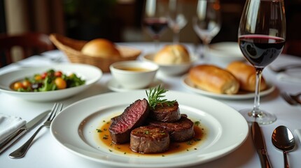 Sliced steak and wine are served with salad and bread at a formal dinner.