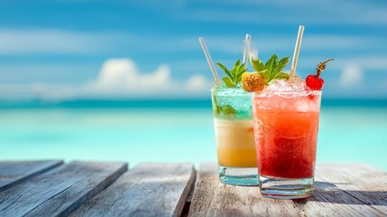 Tropical Paradise Drinks: Two vibrant cocktails, one a luscious blend of red hues and the other an effervescent mix of green, stand poised on a weathered wooden surface with a turquoise ocean vista.