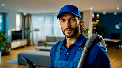 A man in a blue uniform and cap is holding a vacuum cleaner and smiling at the camera