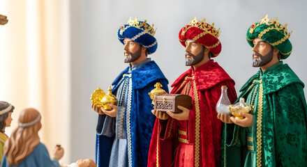 Obraz premium Three kings figurines holding gifts in nativity scene for Epiphany 