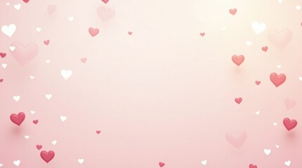 Many pink and white hearts float on a soft pink background.