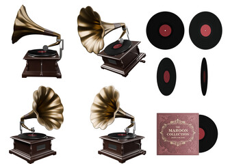 Antique gramophone with large brass horn and wooden base on transparent background. Playing a vinyl record. Classic turntable with golden trumpet. 3d rneder