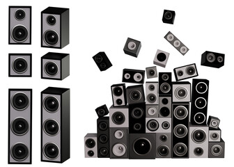 Audio speakers stacked high and flying speakers, featuring black, gray, and pink colors, create an artistic effect. 3D render with transparent background