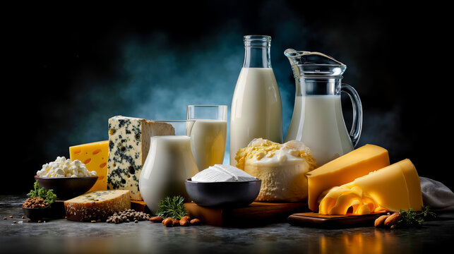 A dark background with a variety of dairy products and snacks arranged in a visually appealing manner