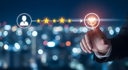 Customer satisfaction rating with five star review and happy face