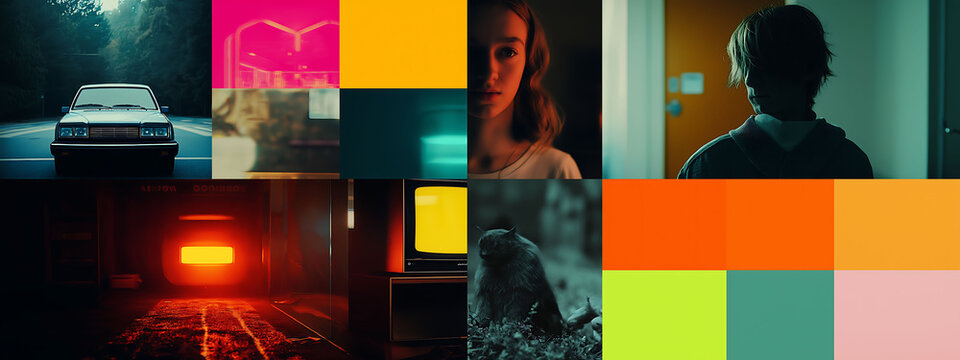 Collage of minimalist social media thumbnails vs chaotic 2000s TV stills, bright colors clash in clean vs messy design split, dynamic composition