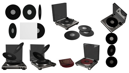 Modern metallic gray turntable playing a black vinyl record on transparent background. 3d render